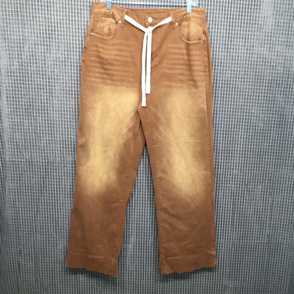 Sidefeel Womens Jeans Wide Leg Faded Drawstring Size 16 Brown